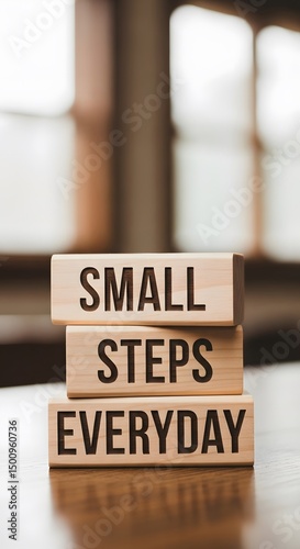 Wooden blocks spelling out 'Small Steps Everyday', symbolizing steady progress and personal growth