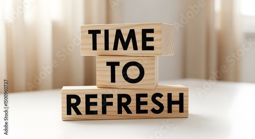 Wooden blocks spelling out 'TIME TO REFRESH', symbolizing renewal, updates, or business rejuvenation
