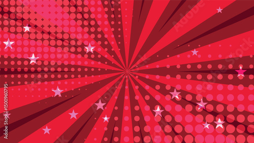 abstract red cartoon background with sunburst and stars 