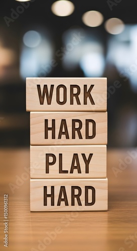 Wooden blocks spelling out 'Work Hard Play Hard', symbolizing a balanced lifestyle of effort and enjoyment

