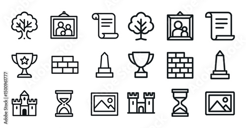 Historical and cultural outline icons set – linear, line, heritage and ancient symbols