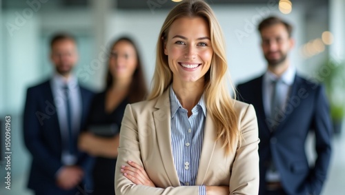 Confident Smiling Businesswoman Leading a Diverse Team in a Modern Office Setting.