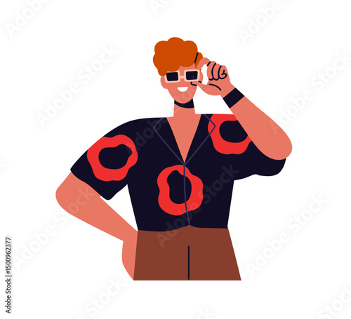 Confident man adjusting sunglasses. Modern style young male with joyful smile, festive summer outfit. Happy cool character in sun glasses. Flat vector illustration isolated on white background