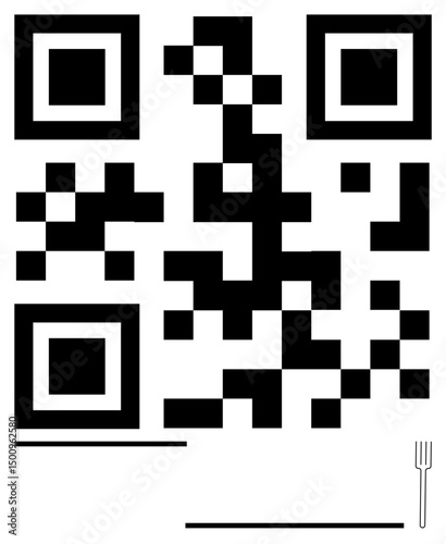 QR code design with a small fork illustration conveys food theme. Ideal for dining, menu access, food delivery, branding, minimalism, digital engagement, and simple landing page