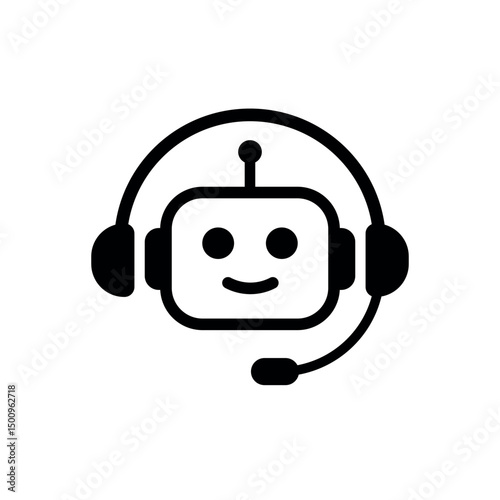 Smiling chatbot icon with round face and headset microphone