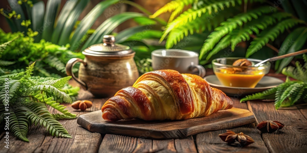 A freshly baked croissant rests on a rustic wooden board, accompanied by a pot of tea, a cup, and a small bowl of honey, all nestled amongst lush green foliage. A freshly baked croissant rests on a rustic wooden board, accompanied by a pot of tea, a cup, and a small bowl of honey, all nestled amongst lush green foliage.