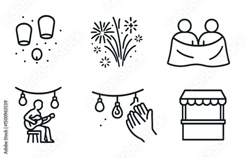 Outdoor celebration sketch with lanterns, fireworks, and live music scenes