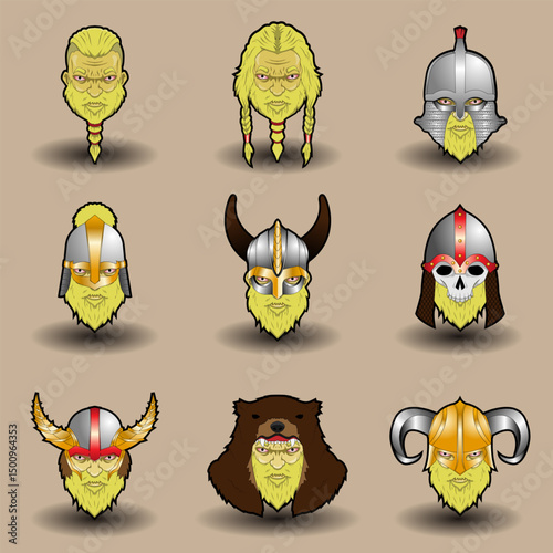Set icon of viking head with helmet variation.