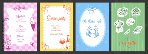Set template with doodle italian cuisine on striped background. Hand draw la dolce vita food doodles. Flier for invitations, menus design