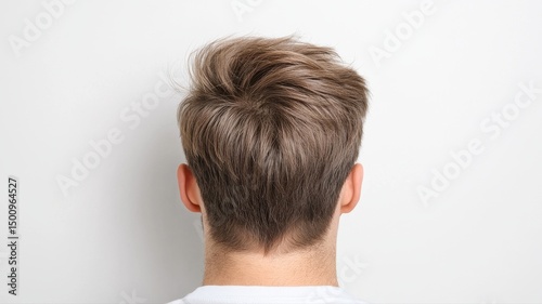 Back View of Young Man's Head with Brown Hair on White Background head back hair man male rear view