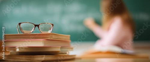 The stack of books with glasses in a classroom setting.