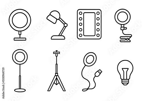 Collection of minimalist lighting equipment icons for design projects