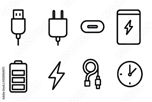 Electronic charging essentials: cables, plugs, and battery icons for tech design