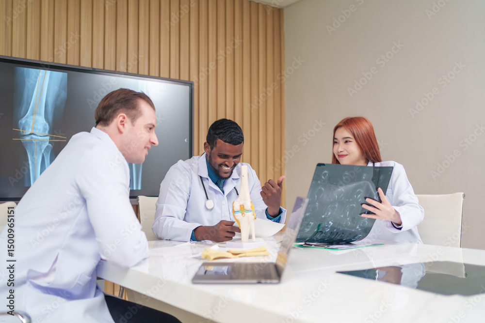 Obraz premium medical team discussing and review rare disease case to improve the practice guidelines,multiracial orthopedic doctors working in medical conference room