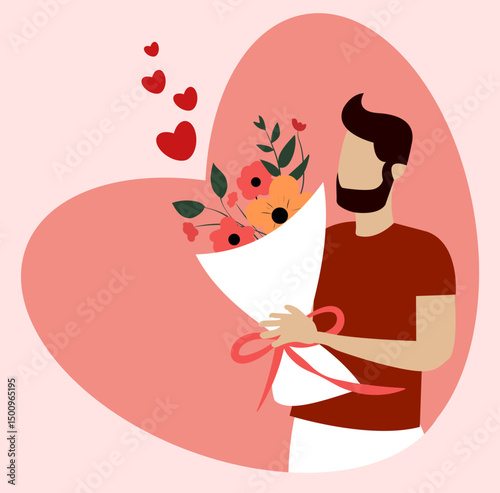 Man holding a bouquet of flowers surrounded by hearts expressing love on a romantic occasion