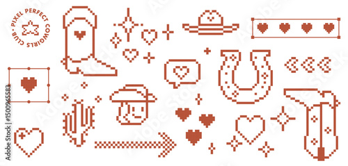 Wild west game abstract brown design elements set. Y2k inspired cowboy icon. Retro cowboy western isolated vector illustration in pixel art. Cowboy boot, cactus, lucky horse shoe collage sticker