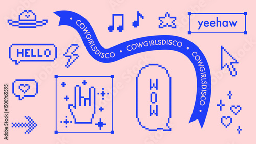 Y2k cowgirl disco party icons in pink and blue. Retro cowboy western isolated vector illustration in pixel art. Speech bubble collage stickers. Wild west with glamour game abstract design elements set