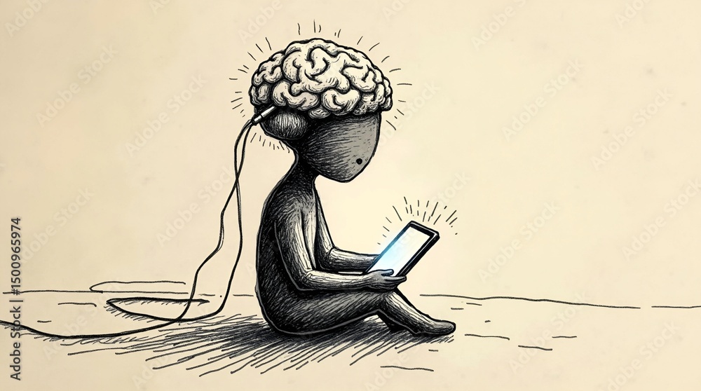 Fototapeta premium Information Overload Concept. Cartoon Character with Large Brain Connected to Digital Tablet or Smartphone.
