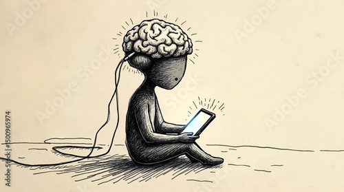 Information Overload Concept. Cartoon Character with Large Brain Connected to Digital Tablet or Smartphone.