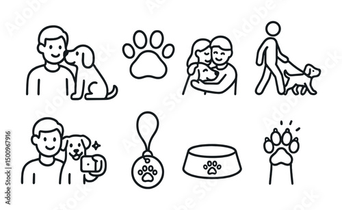 Pet care and bonding concepts with dog and owner illustrations for design