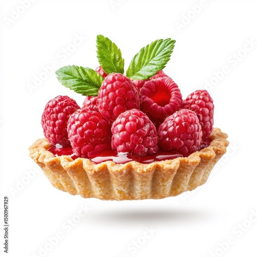 Raspberry tart flying, isolated on a white background, adding a whimsical and dynamic element.