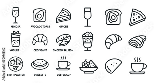 Breakfast and brunch line icons set – outline, linear, dining and food symbols
