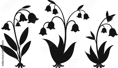 Lily of the Valley Flower Silhouettes Illustration. Elegant Lily of the Valley Silhouette Flower Art. Botanical Lily of the Valley Flower Silhouette Design. Lily of the Valley Silhouettes