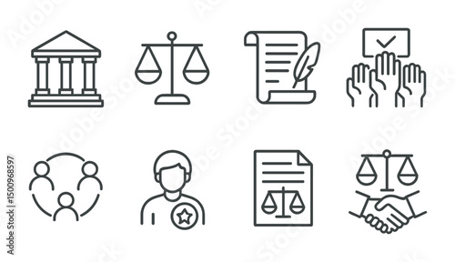 Law and justice concepts with courthouse, balance, and legal documents icons