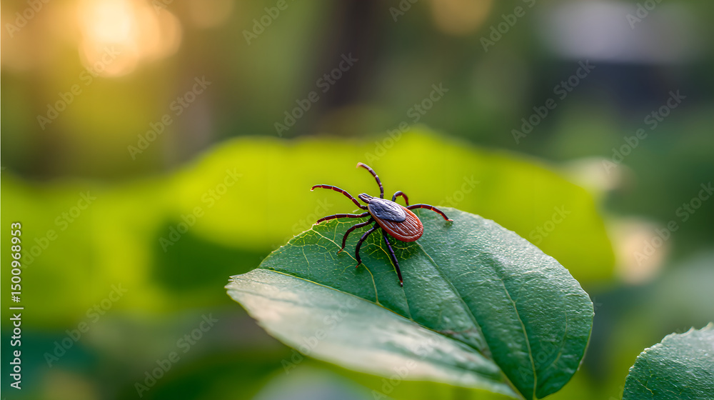 Fototapeta premium Close-up of a tick on green leaf in natural environment,symbolizing danger of tick-borne diseases and parasites in wildlife. Health risk and medical concept.