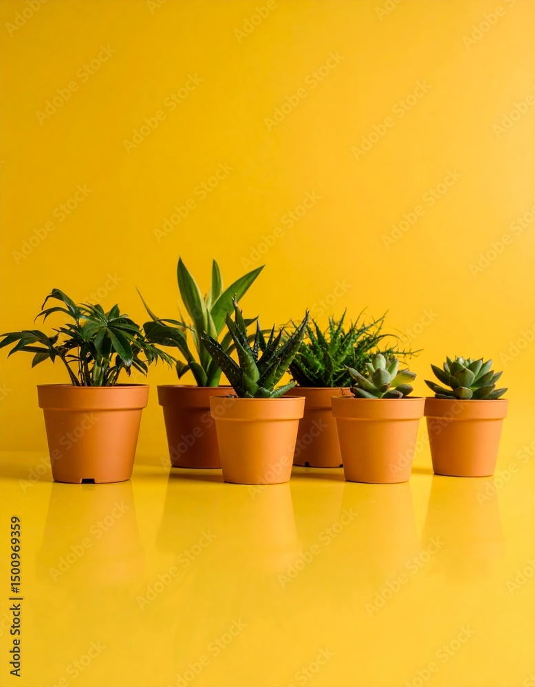 Obraz premium ミニマルに切り取られた観葉植物の鉢と葉がくすみイエロー背景に映え、ユニークな視点で魅せる構図