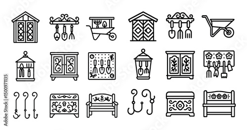 Gardening outline icons set – line, linear, garden and outdoor tools symbols