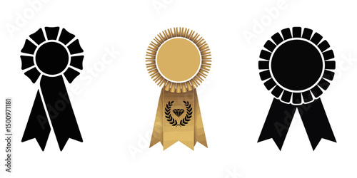 Blue & Gold Shiny Medal Award, Medal set with ribbon. Blue award badges. Vector seal collection in flat style, Set of the Ribbons and Badges, Blue ribbon award isolated on transparent background