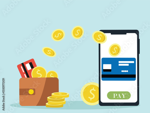 Online payment in smartphone. with transaction of cashback, pay, Send, receive money from card on electronic money wallet. vector illustration