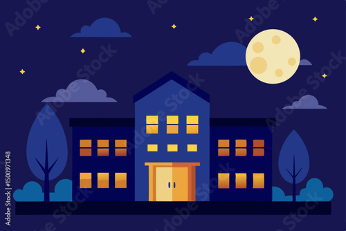 a school building at night with glowing windows 
