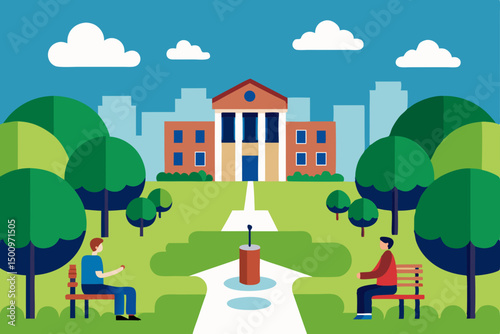 cartoon campus quad scene with benches  fountain   