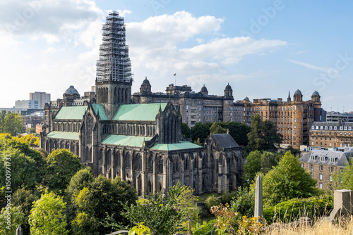 Glasgow cityscape in Scotland, where historic buildings meet modern architecture. The River Clyde flows through the heart of the city, crossed by iconic bridges and surrounded by vibrant urban life.