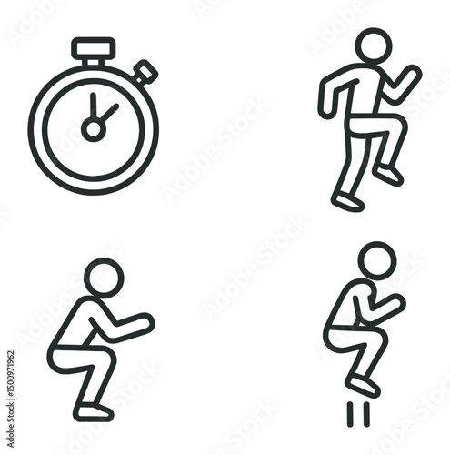 Fitness and exercise icons featuring stopwatch and various workout poses