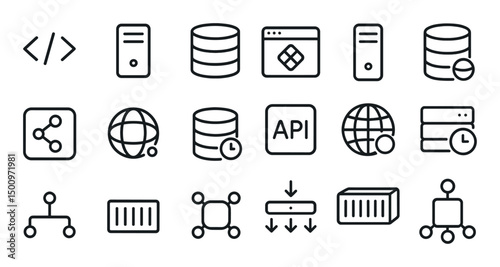 Web development outline icons set – linear, coding, technology symbols