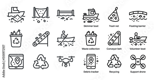 Marine debris outline icons set – recycling, waste collection, environmental