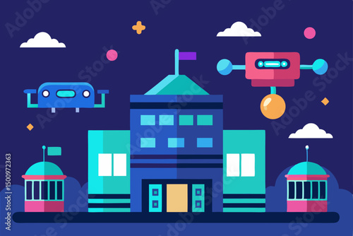 futuristic school building with digital screens 