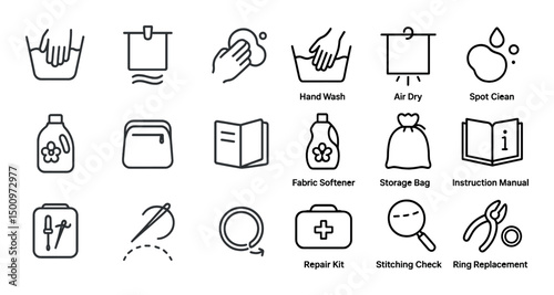 Laundry care outline icons set – cleaning, maintenance, washing symbols