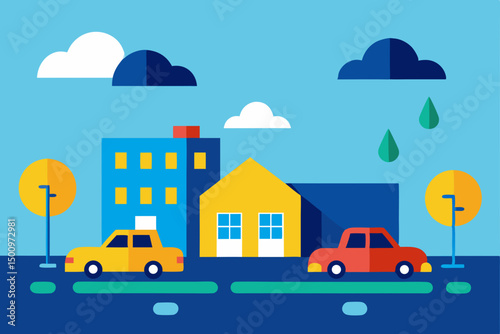 rainy morning school drop off scene with cars  