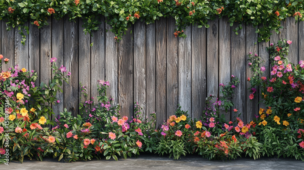 Fototapeta premium Rustic wooden fence adorned with vibrant flowers and lush green foliage creating a serene garden scene