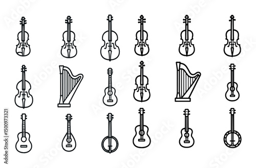 Musical instruments outline icons set – linear, line, music and sound symbols