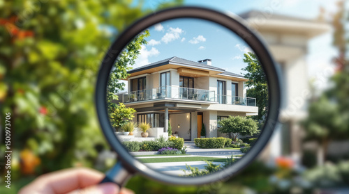 Magnifying glass in hand of female realtor aimed at luxury country tropical villa
