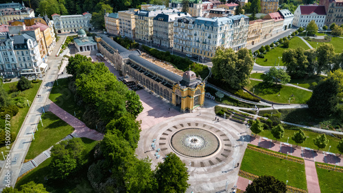 Marianske Lazne (Marienbad) - aerial drone view of Main colonnade and Singing Fountain - the centre of the Czech great spa town - Karlovy Vary Region - Czech Republic, Europe