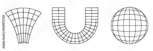 Abstract geometric shapes: grid illustrations of a funnel, a curve, and a sphere