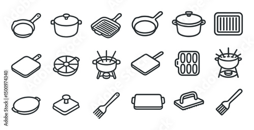 Cooking and kitchen line icons set – outline, cookware, culinary tools, and utensils