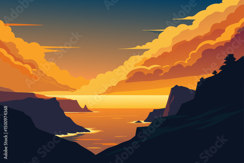 reverse aerial view of stunning golden sunset 
