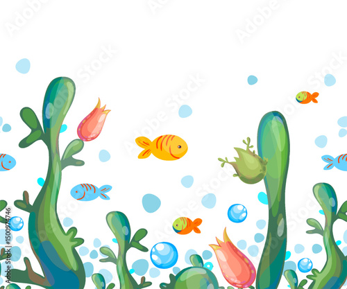 Vector seamless board with marine elements and aquarium fish. Plants, algae, and abstract green lines on a separate background.